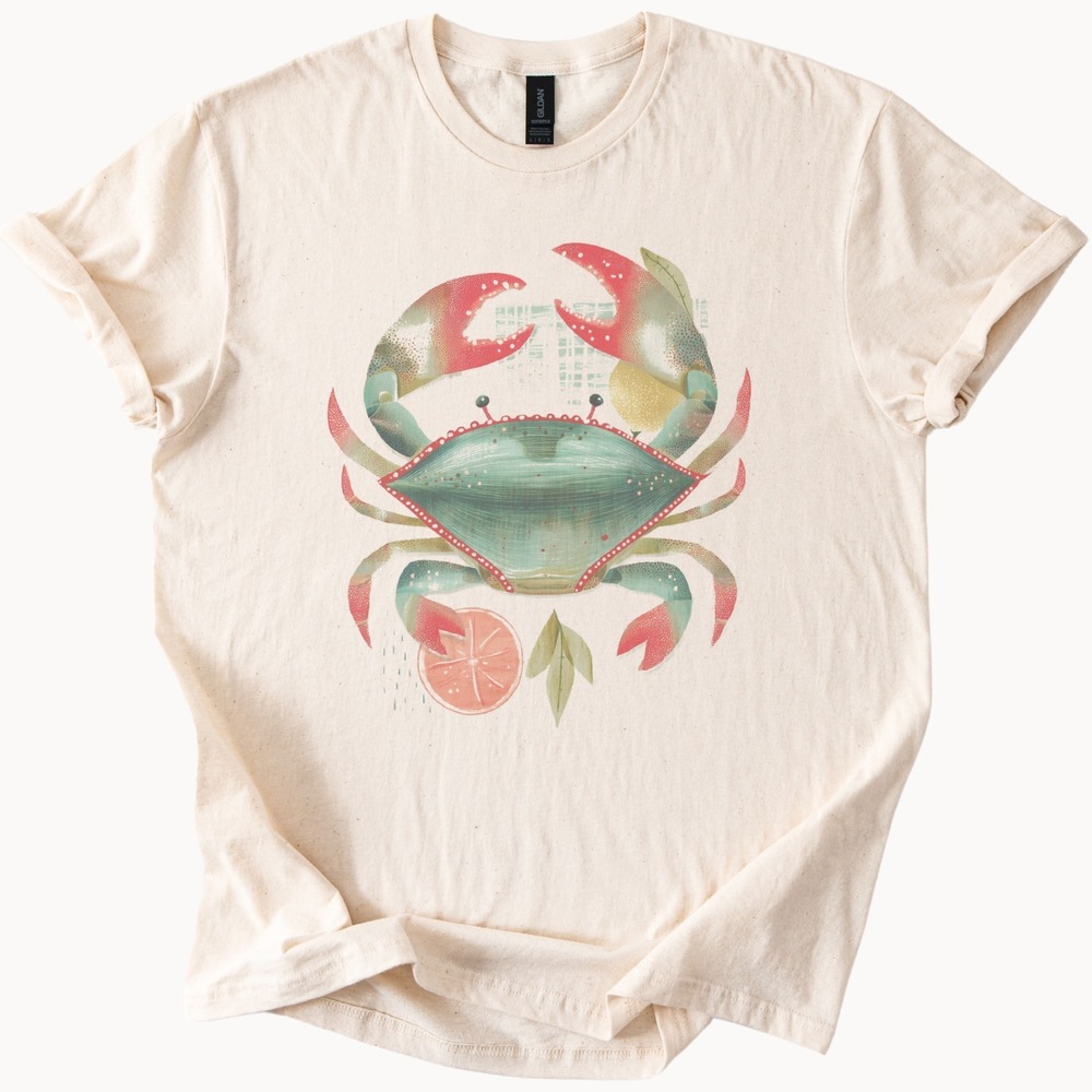 Vintage Naturalist Crab Graphic Tee with Citrus Botanical Design